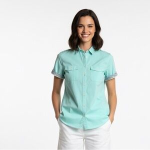 ANTHROPOLOGIE Paper Denim & Cloth Turquoise Button Front Shirt with Stretch Sz L
